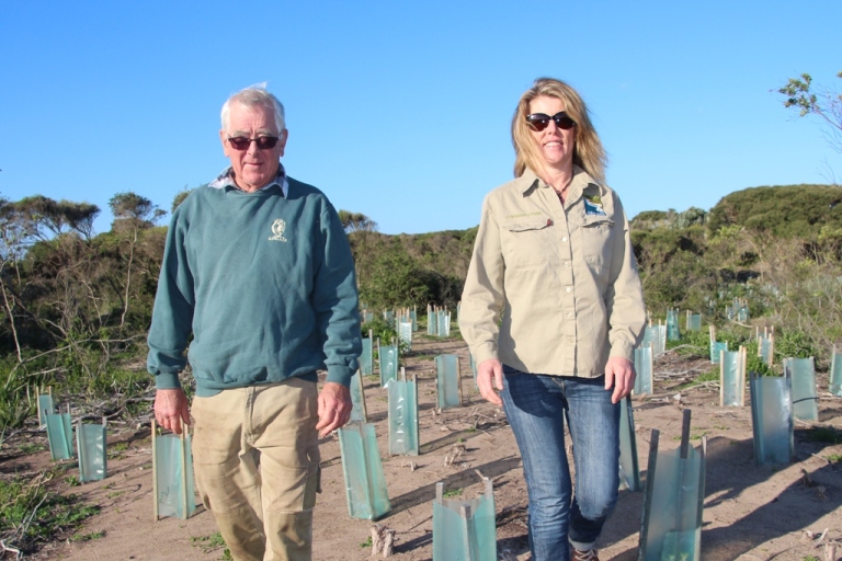 ANGAIR volunteer Bill McKellar and GORCC Conservation Officer Georgie Beale on the Melba Parade (Anglesea) site where the seven-year restoration project had been taking place. 