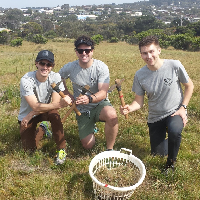 Rip Curl staff Aloise Bersan, Sam O'Dwyer and Robbie Cullen aren't afraid to get their hands dirty on the 2014 Rip Curl Planet Day.