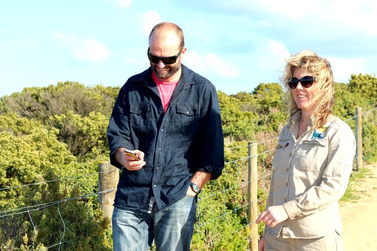 JJCA Chairperson Luke Hynes and GORCC Conservation Supervisor Georgie Beale test out the database on their walk.